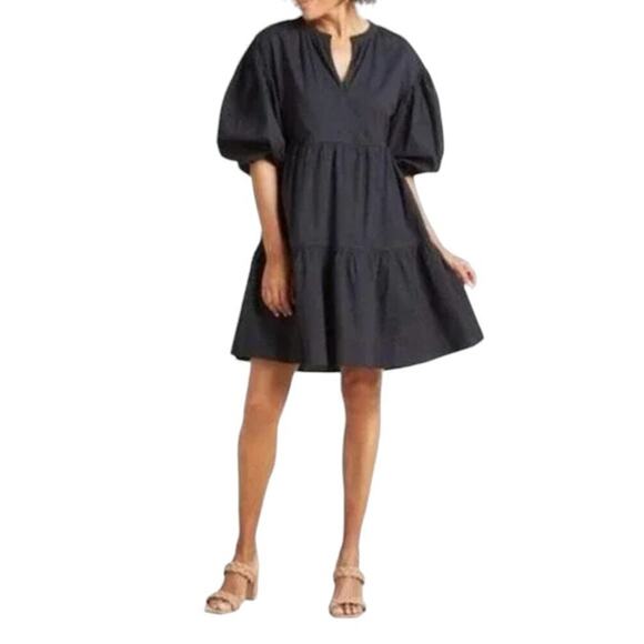 Sundry For Evereve 0 XS Black The Anywhere Dress Cotton Poplin Puff Sleeve VNeck - Picture 10 of 11